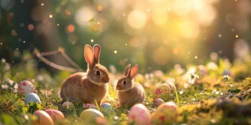 In a wide-angle shot, a picturesque scene unfolds as a joyful Easter bunny couple, accompanied by their adorable bunny offspring, come running amidst a field of colorful Easter eggs in a lush forest with a dreamy atmosphere and beautiful mist. The photograph is captured with an f/1.8 aperture, creating a shallow depth of field that beautifully blurs the foreground Easter eggs, adding a touch of artistic depth to the composition. The heavenly blue sky, tinged with shades of pink, serves as the backdrop to this enchanting moment. A magical scene. Celestial. Pastel colors. Maximum quality and detail. 6k. --ar 3:2 --v 6 Job ID: 0c644c3c-8538-4371-bad8-cc662ee68373